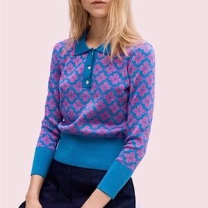 Kate Spade Blue and Metallic Pink Floral Polo Sweater